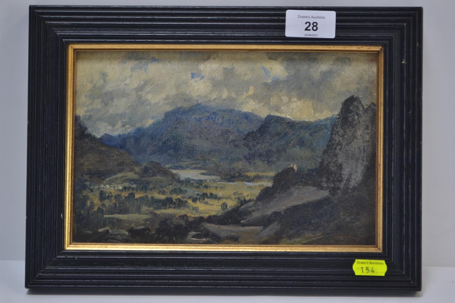 Framed oil painting on board of mountain scene. In the style of Alfonso Toft. Frame dimensions 30.5c