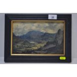 Framed oil painting on board of mountain scene. In the style of Alfonso Toft. Frame dimensions 30.5c