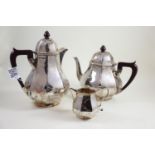 Silver set of coffee pot, teapot & creamer, maker RP, London 1944, the coffee & teapot with wood han