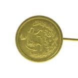 Gold (900) Iranian quarter pahlavi coin pin brooch, 2.6 grams