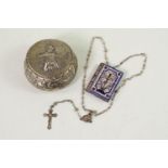 White metal trinket box with putto embossed to cover, 52.40 grams, & a rosary box containing a rosar