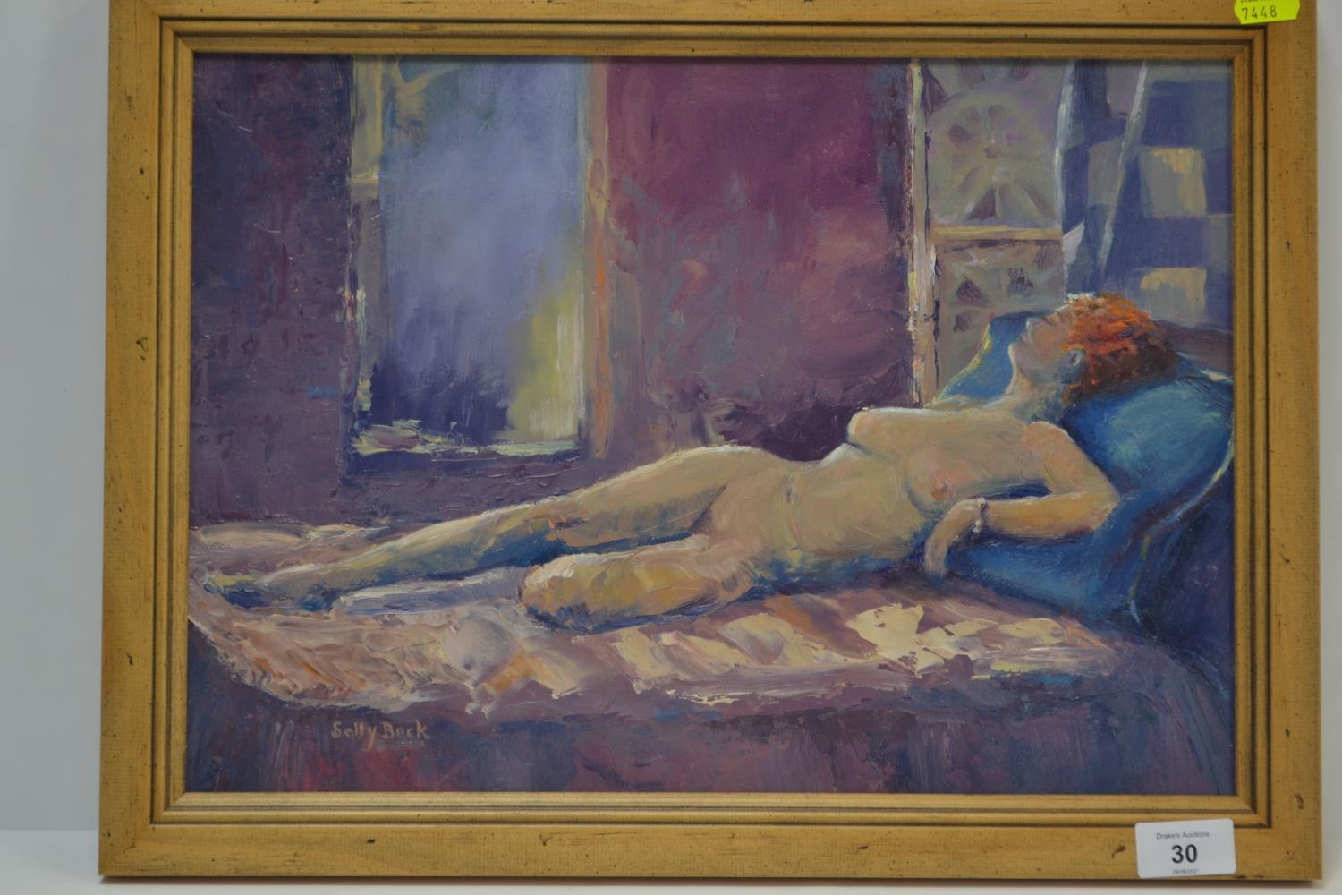 Oil on Board of reclining nude lady by Sally Beck. 