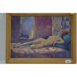 Oil on Board of reclining nude lady by Sally Beck.