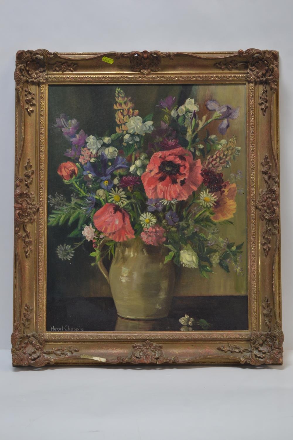 Hazel Chapple oil on board still life of flowers in ornate frame. 58cm x 68cm including frame  - Image 2 of 2