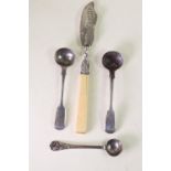Silver bladed butter knife & three silver mustard spoons, various makers & dates