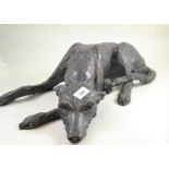 Heavy solid cast bronze sculpture of a sleeping dog, signed C. Elwood 7/12, 53cm wide, 25cm deep, 15