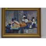 Impressionistic oil on canvas of a market scene. Signed lower right (Illegible) 4cm x 39cm inclusive