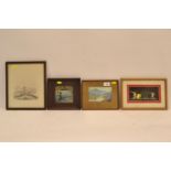 4 small framed artworks. Including a lurcher with rabbit (unsigned) 25 x 29.5cm (some foxing), Itali
