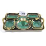 Noritake green ground smoking set, comprising tray, four ashtrays & a taper candlestick holder, tray