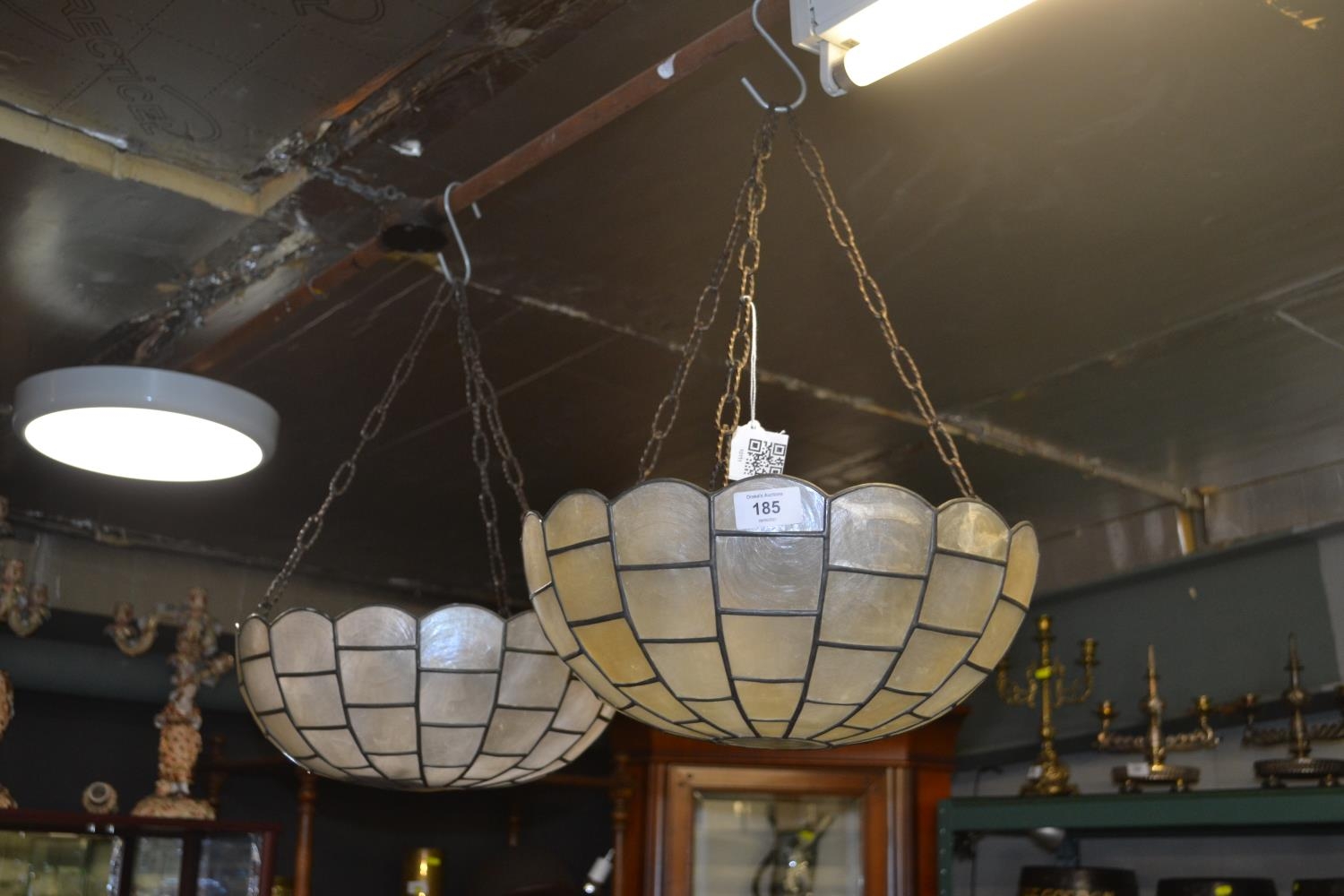 Pair of mother-of pearl ceiling light shades, circa 1920-30s, 34cm diameter 