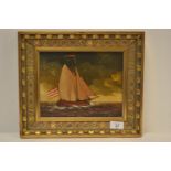 Oil on board of a sailing ship in a gilt frame. Signed lower right which has been overlapped by the