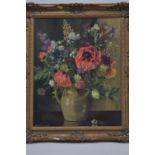 Hazel Chapple oil on board still life of flowers in ornate frame. 58cm x 68cm including frame