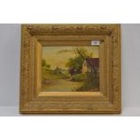 Oil on canvas of a mill in heavy gilt frame. Signed S. Wallwarsh (?) and dated 1905. Some craquelure