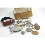 Various badges, compacts, jewellery & other collectables, including a diamond set '9ct back & front'