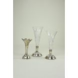 Two silver & glass vases, maker B & Co, Birmingham 1961, tallest 19cm high, glass stalks removable,