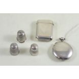 Silver vesta case, maker GWEH, London 1891, silver case, maker VS, Birmingham 1995, silver thimble,