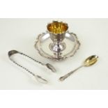 Silver egg cup, saucer & spoon set, maker GJDF, London 1909, with inscription ' PO 16th July 1917, g
