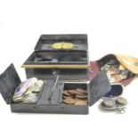 Cash box & pouch of British & world coins & notes