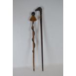 Carved hardwood walking stick with mythical beast head handle 94.5cm long and shaman style carved sn