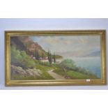 Mediterranean landscape oil on canvas by Sara Leighton, (born 1937) (English society portrait paint