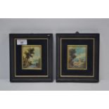 Pair of miniature framed landscape paintings beneath curved glass. Frames measure 16cm x 18cm. Paint