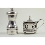 Silver glass lined mustard pot, maker H & T, Birmingham 1892, & silver pepper mill, maker MCH , Lond