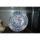 Chinese 18th century blue & white charger, decorated with goose, lotus flowers & other typical motif