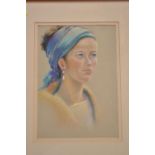 Origin pastel, lady with blue headband By Sally Beck.