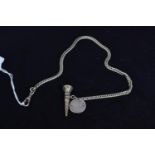 Silver chain with jewelled fob &amp; coin, gross weight 30.8 grams