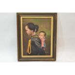 Francis Tsoy (Chinese C20) Oil on canvas of mother and child. 60cm x 75cm overall