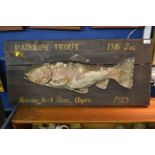 Wooden 'Rainbow Trout, Roaring Fork River, Aspen 1923' sign 90cm x 42cm