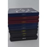 Nine Royal Mint UK proof coin sets in presentation boxes, including 2001 Glimpses of the Victorian E