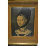 Gilt framed print on canvas. Portrait of a young girl by Petrus Christus 1470. Overall height 45cm x