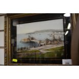 Colorised photographic print of Plymouth pier overlooking Drake's Island. Height 29cm