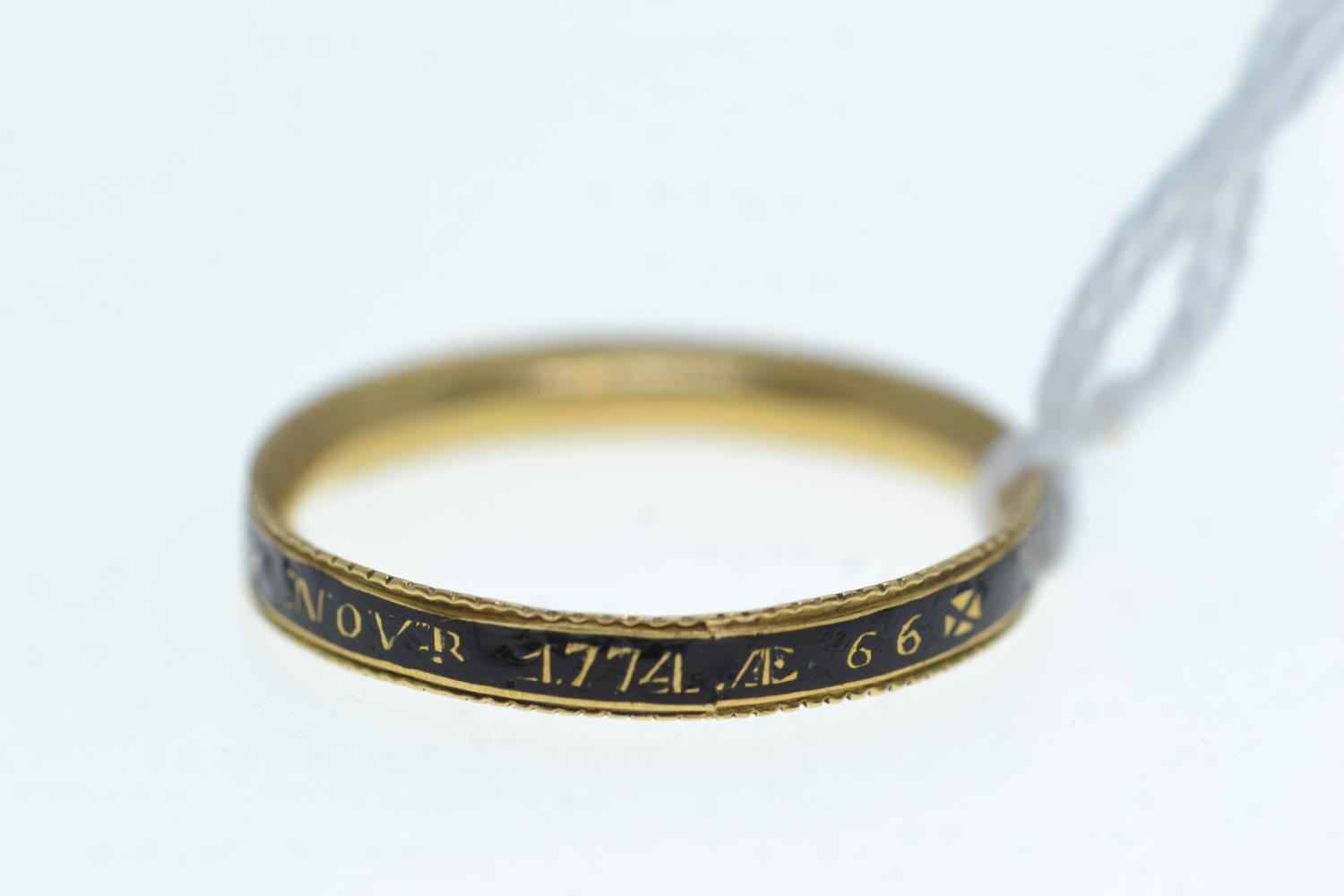 George III enamel memorial band ring, inscribed 'Thos Sargent DI 27 NOVR 1774 Æ 66', size X 