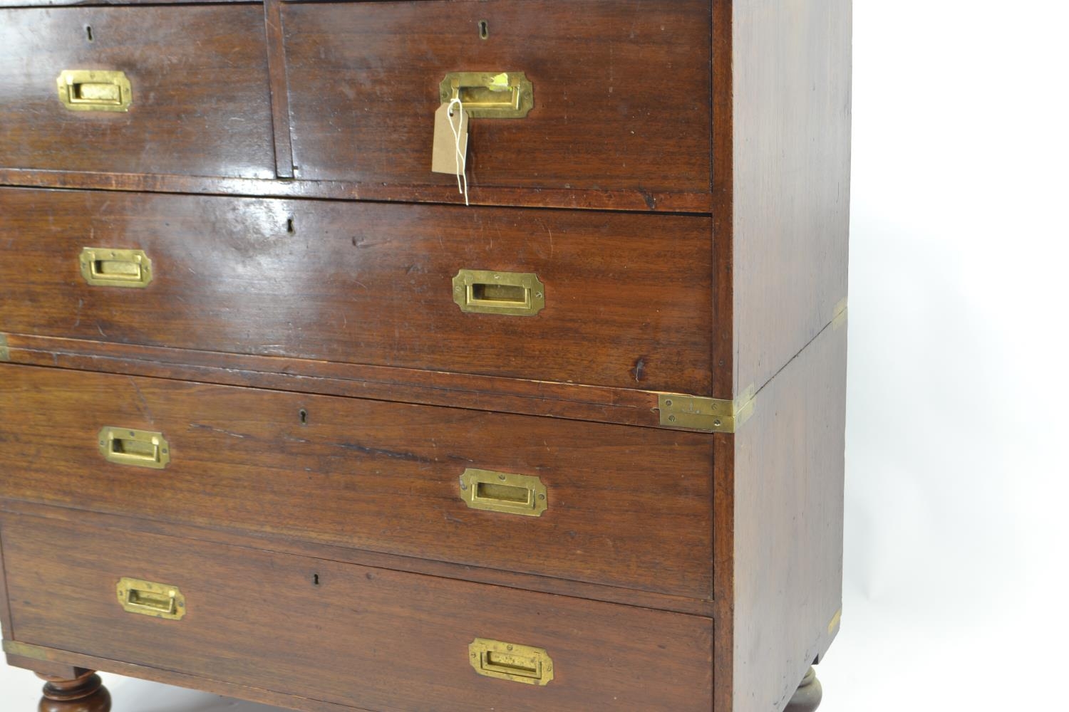 C19 Teak 2 over 3 campaign chest, with inset brass handles & corners. Splits in 2 for transportation - Image 2 of 7