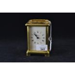Bayard 8 day carriage mechanical clock with metallic blue hands, height including handle 14.5cm
