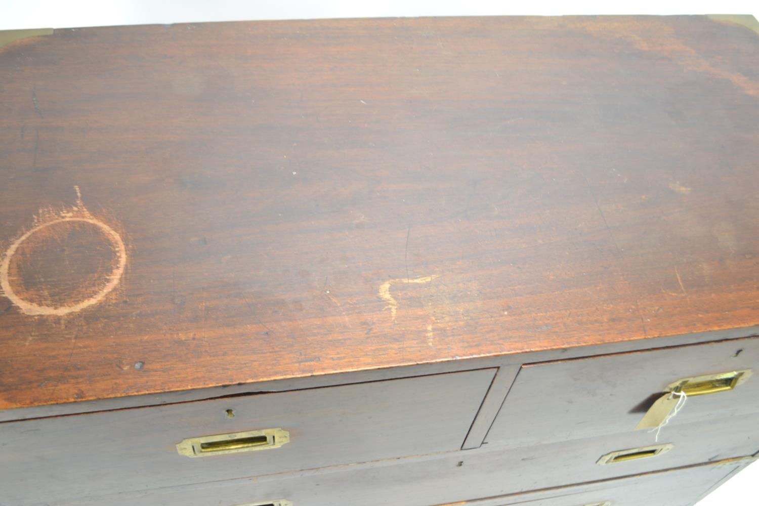 C19 Teak 2 over 3 campaign chest, with inset brass handles & corners. Splits in 2 for transportation - Image 6 of 7