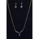 9ct gold, sapphire &amp; diamond necklace &amp; pendant earring set, necklace circumference 450mm, e