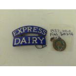 Two WWII enamelled Womens Land Army badges, including Express Dairy cap badge &amp; a pin badge