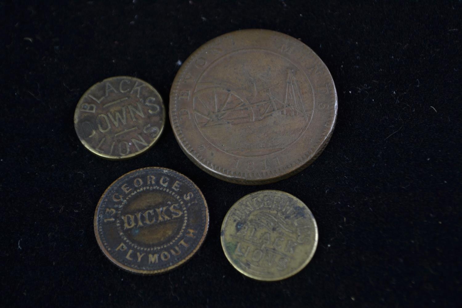 Tavistock mines penny token, two Black Down's Lions Exeter tokens & Dick's Plymouth token  - Image 2 of 2