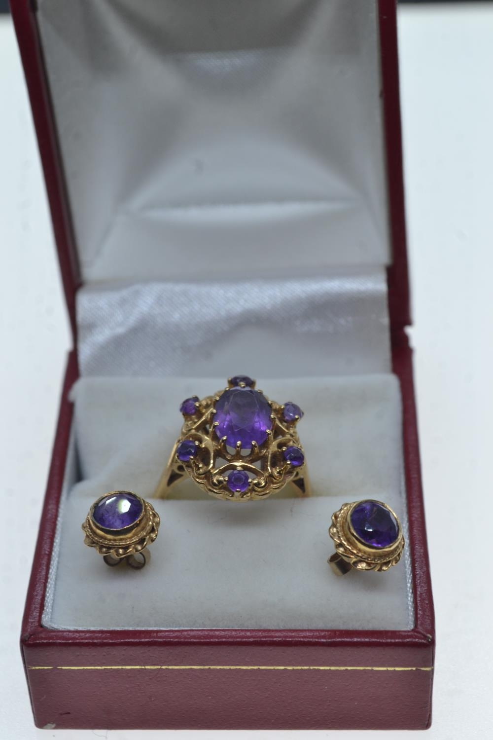 9ct gold & amethyst ring & earrings set, ring size P, gross weight 7.55 grams 