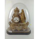 Gilt metal and marble clock under glass dome. H42cm