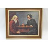 Oil on canvas of chess game, signed P. Brand, 74cm x 64cm inclusive of frame