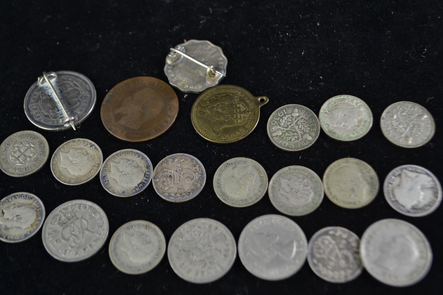 Fourteen various pre-1920 & pre-1947 threepences, a mounted Georgian coin & other coins  - Image 2 of 2