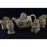 Charmouth pottery Bear, Owl, Farm scene vase, Tree vase and Monkey teapot