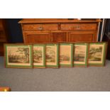 6 oak framed coloured etchings of hunting scenes. 48cm high