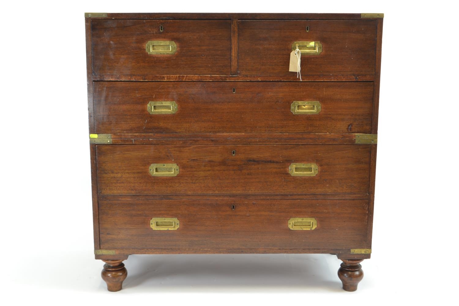 C19 Teak 2 over 3 campaign chest, with inset brass handles & corners. Splits in 2 for transportation