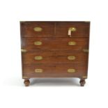 C19 Teak 2 over 3 campaign chest, with inset brass handles &amp; corners. Splits in 2 for transporta