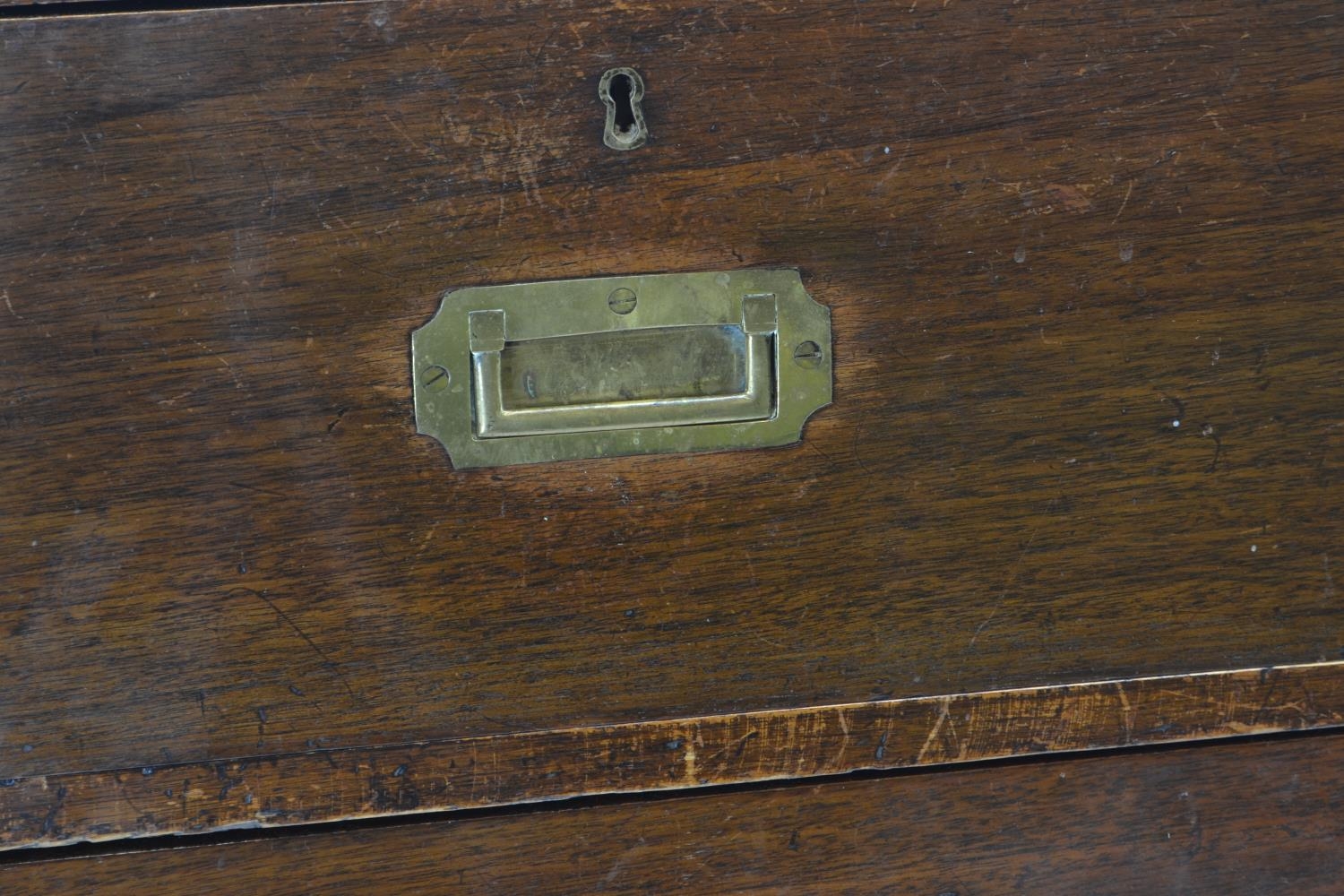 C19 Teak 2 over 3 campaign chest, with inset brass handles & corners. Splits in 2 for transportation - Image 5 of 7